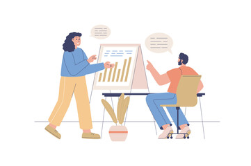 Aufkleber - Business meeting web concept with people scene. Woman and man discussing company financial data at presentation board and planning strategy. Character situation in flat design. Vector illustration.