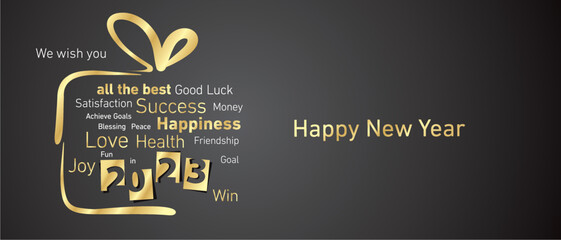 Happy New Year 2023 golden negative space numbers abstract christmas gift box word cloud white black background vector greeting card