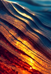 Wall Mural - Computer generated macro abstract 3D illustration of a sunset light shining on the ocean surface. A.I. generated art.