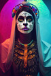 Beautiful woman dressed as Mexican Catrina, wearing a flower crown, high priestess
