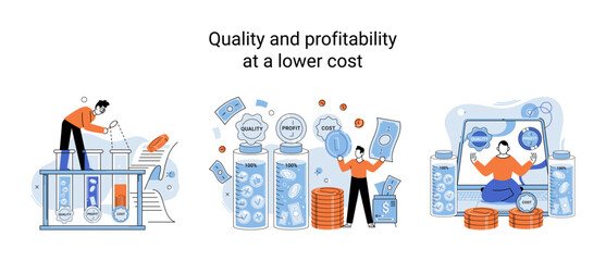 Fototapete - Quality and profitability at lower cost. Salary increase metaphor, profit margin. Earn on business inflation, investment, developing, coordinating sales. Management optimization of business processes