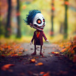 Tiny Joker skull walking in a park in autumn, kawaii, anime character, Halloween, made with AI