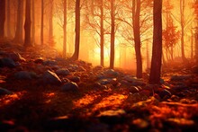 Beautiful Autumn Trees In The Evening Forest. Autumn Forest At Sunset. 3d Rendering