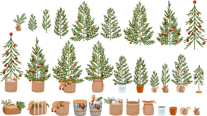 Christmas trees and buckets vector illustrations set