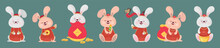 Set Of Chinese Rabbits On Color Background