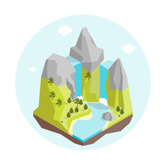 Sticker - Cartoon Color Flying Island with Waterfall Isolated on a White Background Fantasy Game Concept Flat Design Style. Vector illustration