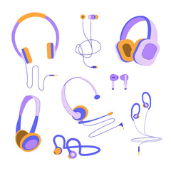 Poster - Cartoon Color Headphones Wired and Wireless Icons Set Flat Design Style. Vector illustration of Earphone Music Gadget