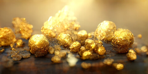 Close up. Gold mine nuggets and rocks. Piles and heaps of golden gemstones.