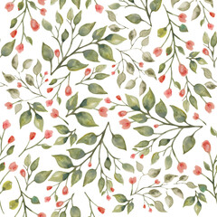  Watercolor  seamless pattern with abstract small flowers, leaves, branches. Hand drawn floral illustration isolated on white background. For packaging, wallpaper, wrapping  design or print