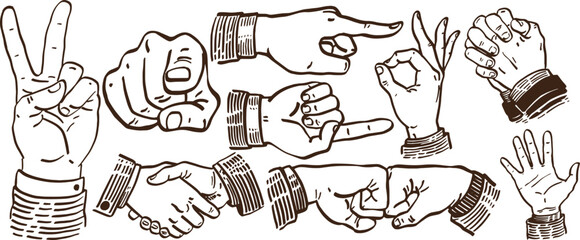 vintage hand pointing retro drawing handshake hand icon high five black and white greeting card ready