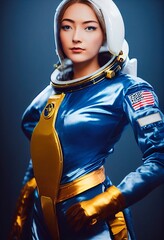 Wall Mural - Portrait of an fictional astronaut in neon light in a spacesuit. High-tech astronaut from the future. The concept of space travel. . Generative AI