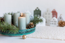 Handmade Modern Advent Wreath With Four Candles Lit Every Sunday Before Christmas. Traditional Diy Xristmas Decoration
