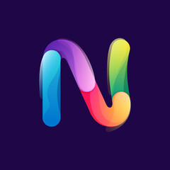 Sticker - Letter N logo made of overlapping colorful lines. Rainbow vivid gradient modern icon.