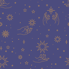 Wall Mural - Seamless pattern with constellations. Sun, moon, magic hands and stars. Mystical esoteric background for design. Astrology magical vector.