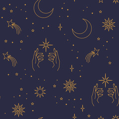 Wall Mural - Seamless pattern with constellations. Sun, moon, magic hands and stars. Mystical esoteric background for design. Astrology magical vector.