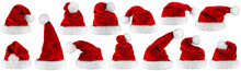 Big Set Collection Of Red Santa Claus Christmas Hat Seasonal Design Pattern Isolated White Background
