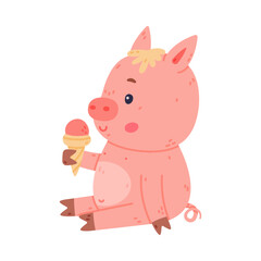 Sticker - Funny Pink Piggy Character with Hoof Sitting and Eating Ice Cream in Waffle Cone Vector Illustration