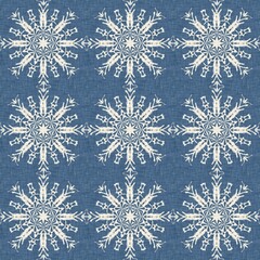 Sticker - Farmhouse blue snow flake pattern background. Frosty batik damask french effect seamless backdrop. Festive cold holiday season wall paper tile. 