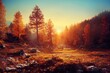 Beautiful autumn trees in the evening forest. Autumn forest at sunset. 3d rendering