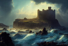 Romantic Castle On Hillside Along The Stormy River, Dramatic Panoramic View, Foggy And Mysterious Castle Ruin, Fantasy Art, 3d Illustration