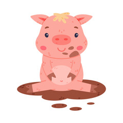 Poster - Funny Pink Piggy Character with Hoof Sitting in Mud Vector Illustration