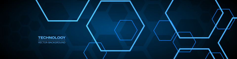 Poster - Technology dark blue wide abstract background with hexagonal elements. Abstract hexagon medical navy blue horizontal banner. Innovation medicine, science, technology or high intelligence design.