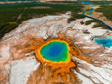 Aerial View Of Grand Prismatic Spring In Midway Geyser Basin, Yellowstone National Park, Wyoming, USA. It Is The Largest Hot Spring In The United States