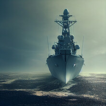 Warship In The Stormy Sea. 3D Illustration