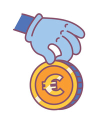Poster - Hand with gold coin icon. Graphic element for website, stickers for social networks. Financial literacy, economics and trading. Payment and banking operations. Cartoon flat vector illustration