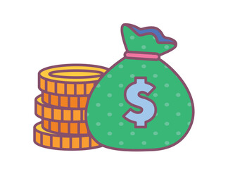 Poster - Money with bag icon. Wealth, treasures, savings and budget, cash. Poster or banner for website. Sticker for social networks. Economy, trading and passive income. Cartoon flat vector illustration