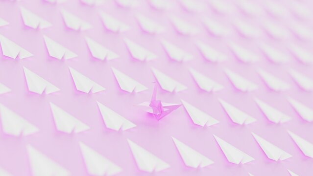 Origami of pink crane and many white airplanes on pink board under white lighting background. Concept 3D CG of Japanese traditional culture, wish for world peace and legendary president.