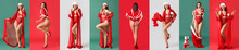 Set Of Sexy Young Woman In Santa Costume And Lingerie On Color Background