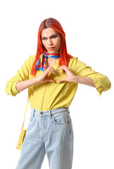 Sticker - Stylish transgender woman making heart shape with hands on white background