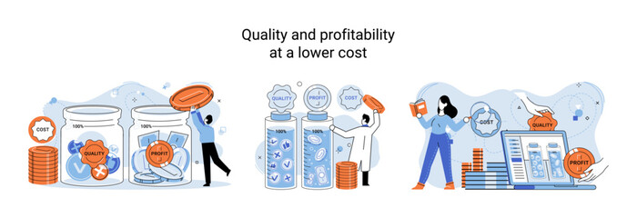 Fototapete - Quality and profitability at lower cost. Salary increase metaphor, profit margin. Earn on business inflation, investment, developing, coordinating sales. Management optimization of business processes