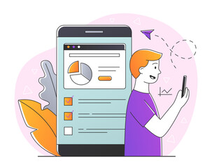 Fototapete - Man analyzes data. Young guy looks at statistics on smartphone screen, evaluates graphs and charts. Economics and trading. Talented entrepreneur or investor. Cartoon flat vector illustration