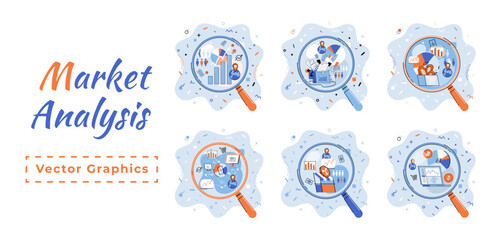 Poster - Market statistics data analysis metaphor marketing strategy development. Business research. Identify business needs determine solutions problems solving. View financial data through magnifying glass