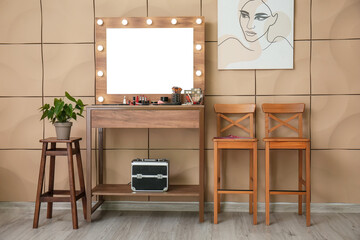 Poster - Interior of room with modern makeup artist's workplace near color wall