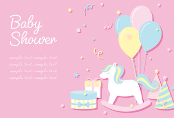 Poster - vector background with a rocking horse, balloons, gift boxes and party hats for banners, baby shower cards, flyers, social media wallpapers, etc.