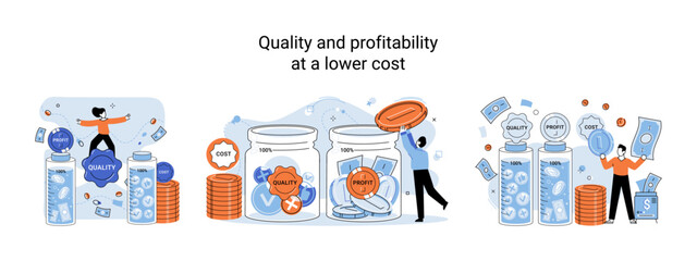 Fototapete - Quality and profitability at lower cost. Salary increase metaphor, profit margin. Earn on business inflation, investment, developing, coordinating sales. Management optimization of business processes