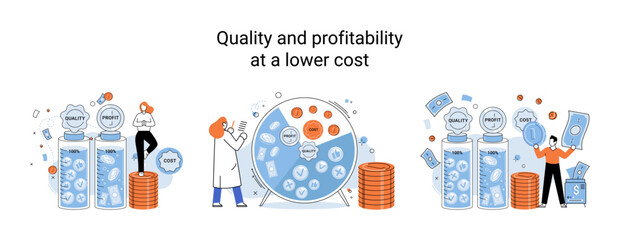 Fototapete - Quality and profitability at lower cost. Salary increase metaphor, profit margin. Earn on business inflation, investment, developing, coordinating sales. Management optimization of business processes