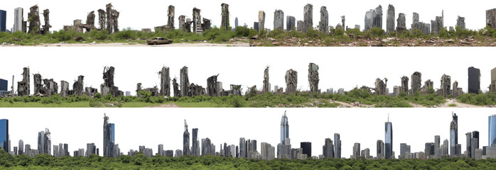 post-apocalyptic skyline, ruined skyscrapers, tall overgrown buildings isolated on white background