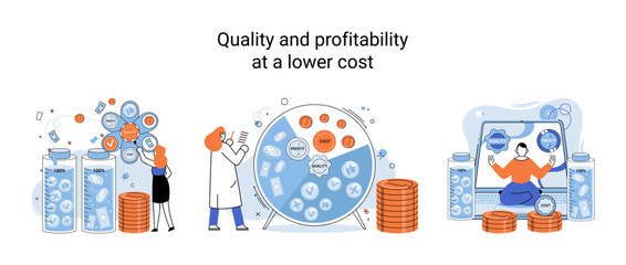 Fototapete - Quality and profitability at lower cost. Salary increase metaphor, profit margin. Earn on business inflation, investment, developing, coordinating sales. Management optimization of business processes