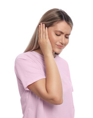 Canvas Print - Young woman suffering from ear pain on white background