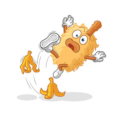 Poster - feather duster slipped on banana. cartoon mascot vector