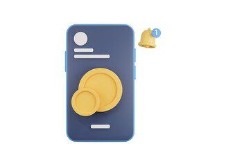 Poster - Money wallet on mobile with 3d coin, smartphone and bell. 3D rendering. Mobile banking and online wallet concept. 3D rendering.