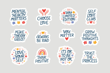 Wall Mural - Mental health stickers flat vector illustration. Trendy mindfulness phrases. Collection self care and love inspirational quotes. Positive saying set for daily planner, scrapbook, diary, calendar.