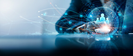 Leinwandbilder - Customer network, Digital marketing. Financial and banking. Businessman using laptop connected to customer and investor on global network with sale data exchange and development of business.