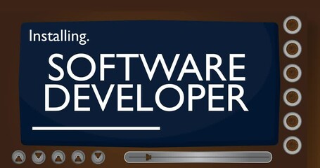 Poster - Cartoon Computer With the word Software Developer. Video message of a screen displaying an installation window.