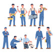 © topvectors - Plumber, Electrician and Repairman in Blue Uniform with Tool and Instrument Working and Fixing Vector Set