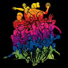 Wall Mural - Group of Handball Players Male and Female Action Together Cartoon Sport Team Graphic Vector